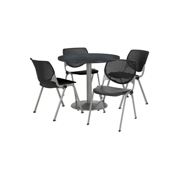 KFI 42" Round Dining Table & Chair Set, Graphite Table With Black Plastic Chairs